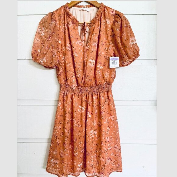 LUSH Women's Chiffon Mini S/S Dress Puff Sleeve Size M - Apricot Ditsy NWT - Picture 4 of 8